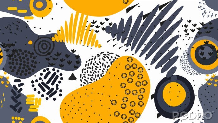 Poster Vector seamless pattern with hand drawn abstract shapes. Creative background. Applique.  Spotted and textured figures. Unique design. Freehand style. Wallpaper, textile, wrapping, print on clothes