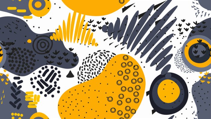 Poster Vector seamless pattern with hand drawn abstract shapes. Creative background. Applique.  Spotted and textured figures. Unique design. Freehand style. Wallpaper, textile, wrapping, print on clothes