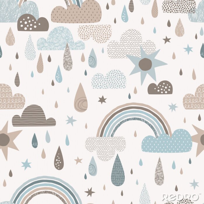 Poster Vector sky seamless pattern with clouds, rain drops, rainbow, sun. Cute doodle decorative scandinavian print for textile, fabric, apparel gender-neutral kid nursery design
