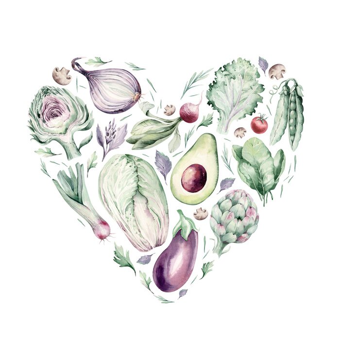Poster Vegetables healthy green organic set watercolor heart shape artichoke, broccoli, spinach, celery vitamin Cabbage, leek and onion illustration. Isolated lettuce and radish. sketch eggplant mushroom.