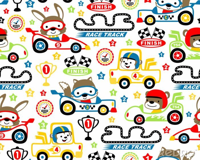 Poster Vektor des nahtlosen Musters mit Autorennkarikatur