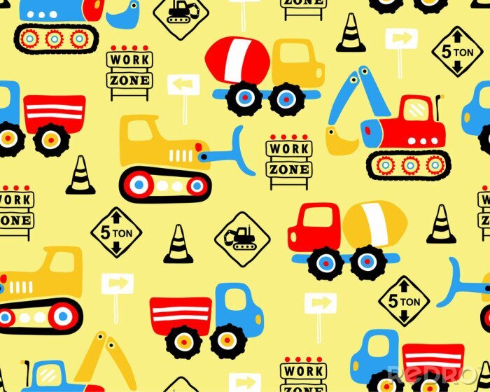 Poster Vektor des nahtlosen Musters mit Industriefahrzeugkarikatur