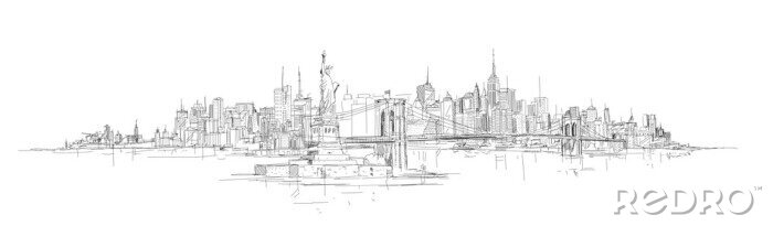 Poster Vektor Skizze Handzeichnung Panorama New York City Silhouette