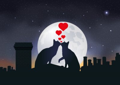 Poster Verliebte Katzen auf einem Mond-Hintergrund