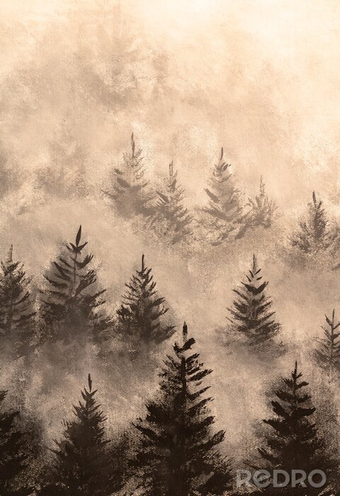 Poster Vertical oil painting Misty foggy mountain landscape with fir forest and copyspace in vintage retro hipster style