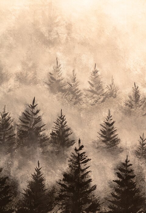 Poster Vertical oil painting Misty foggy mountain landscape with fir forest and copyspace in vintage retro hipster style