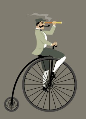 Victorian Gentleman mit einer Pfeife und ein Teleskop auf einem Penny-Farthing-Fahrrad, EPS 8 Vektor-Illustration