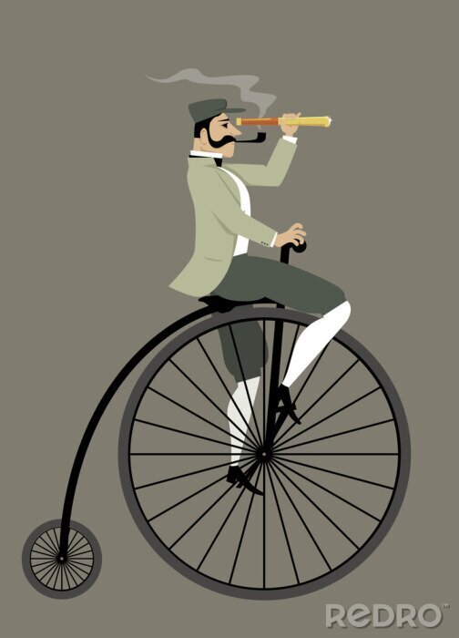 Poster Victorian Gentleman mit einer Pfeife und ein Teleskop auf einem Penny-Farthing-Fahrrad, EPS 8 Vektor-Illustration