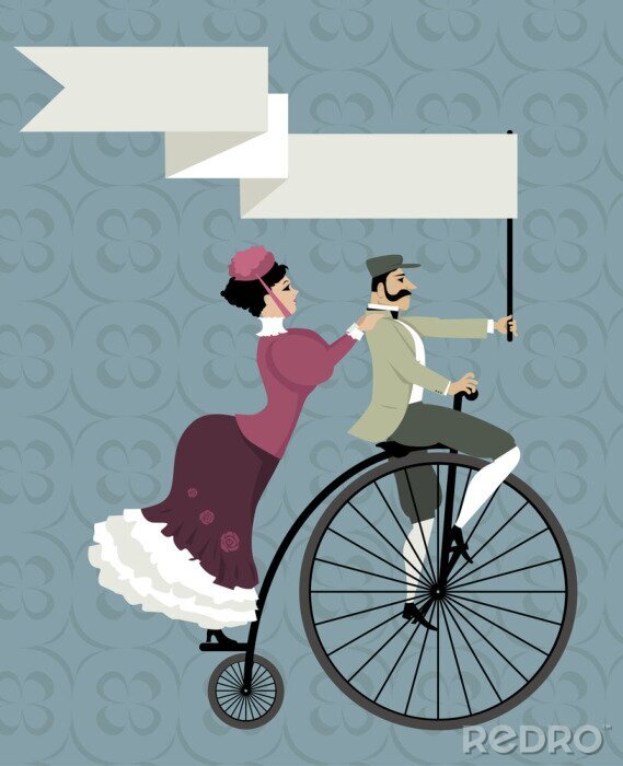 Poster Viktorianischen Alter Paar Reiten ein Penny-Farthing-Fahrrad, mit einem leeren Banner über den Kopf, EPS 8 Vektor-Illustration, keine Transparentfolien