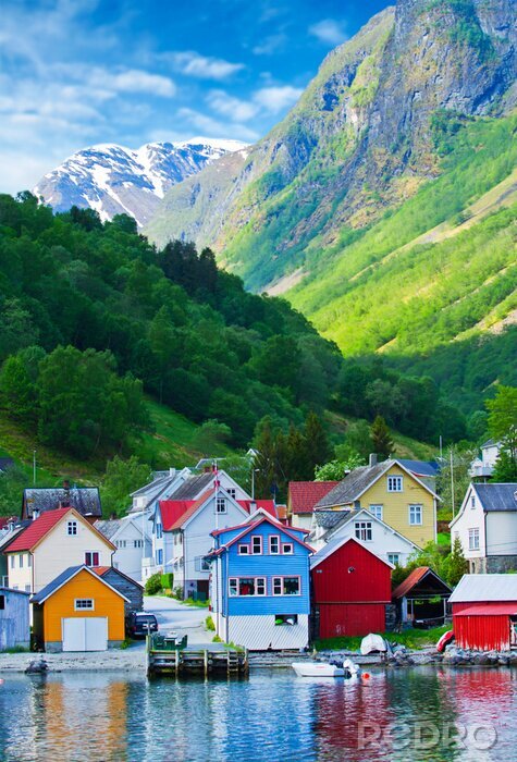 Poster Village and Sea view on mountains in Geiranger fjord, Norway