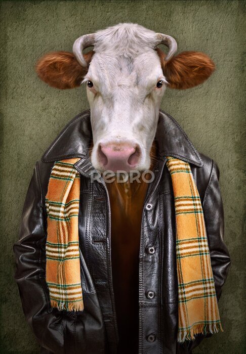 Poster Vintage Konzept einer Kuh in Kleidung