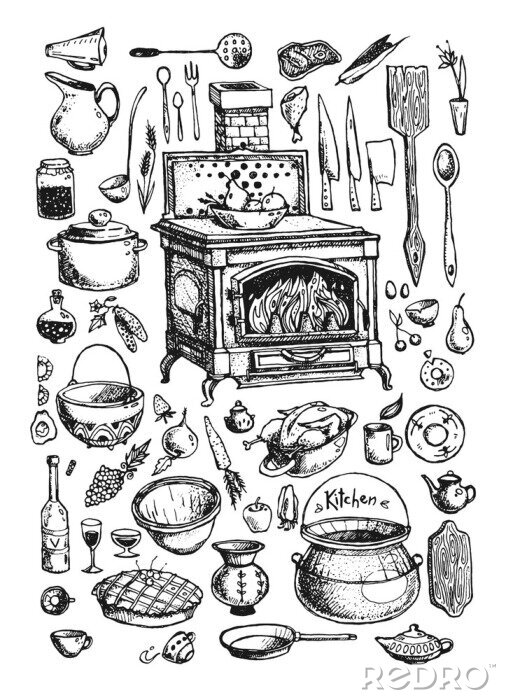 Poster Vintage Küchenutensilien Illustration