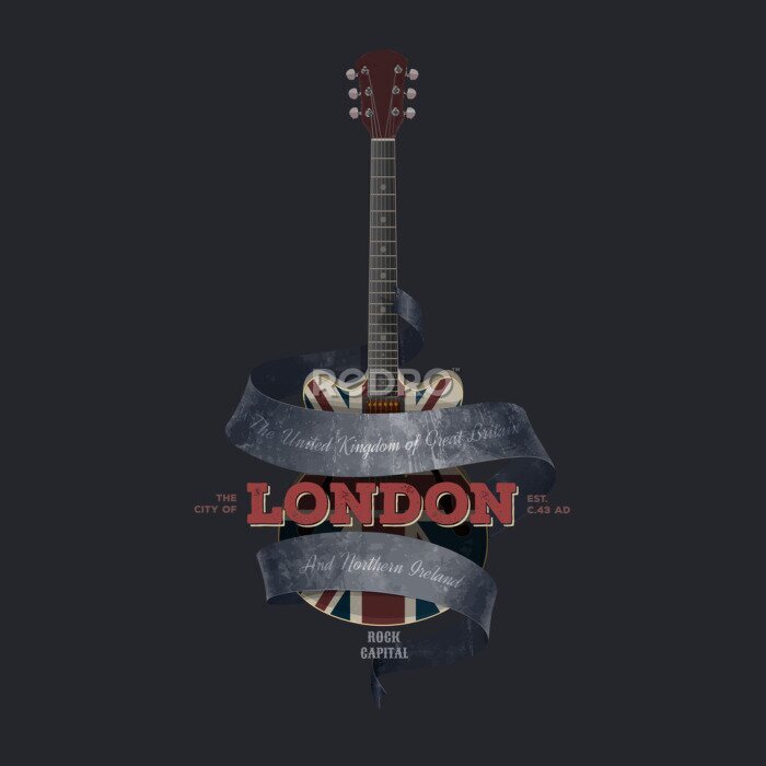 Poster Vintage London Grafik und Union Jack Gitarre.