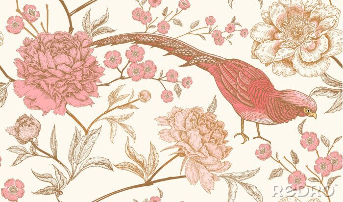 Poster Vintage mit rosa Vögeln und Blumen