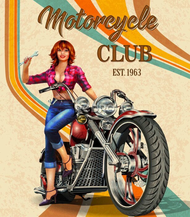 Poster Vintage Motorcycles poster with sexy girl  sitting on retro motorcycle.