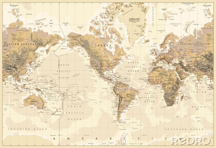 Poster Vintage Physical World Map-Amerika Centered-Farben von Brown