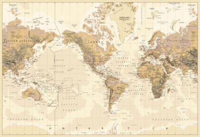 Sticker Vintage Physical World Map-Amerika Centered-Farben von Brown