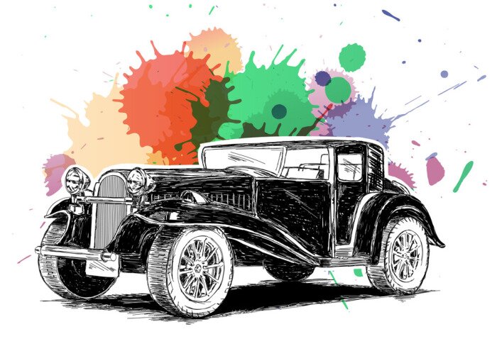 Poster Vintage Retro Classic Old Car mit bunten Tinte Spritzer Vector I