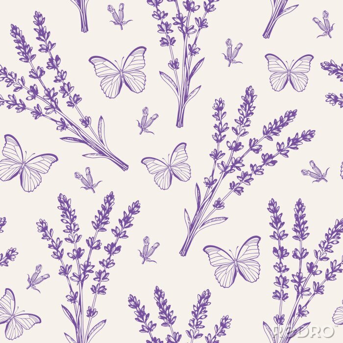 Poster Vintage seamless pattern with lavender flowers and butterflies.