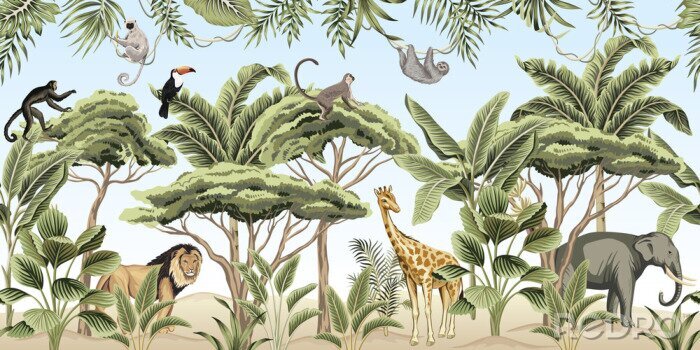 Poster Vintage tree, palm tree, banana tree, plant, lion, indian elephant, giraffe, lion, monkey, sloth, toucan animal floral border blue background. Exotic safari wallpaper.