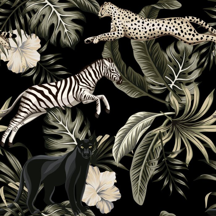 Poster Vintage tropical floral leaves , hibiscus flower, black panther, zebra, cheetah running wildlife animal floral seamless pattern black background. Exotic safari night wallpaper.