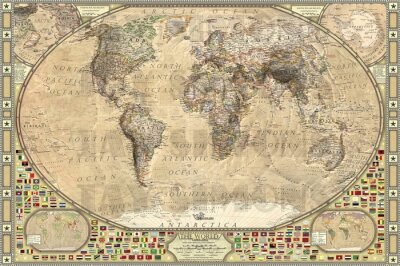 Vintage Weltkarte mit Abbildungen von Flaggen