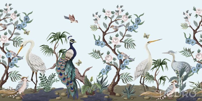Poster Vögel und Blumenbäume