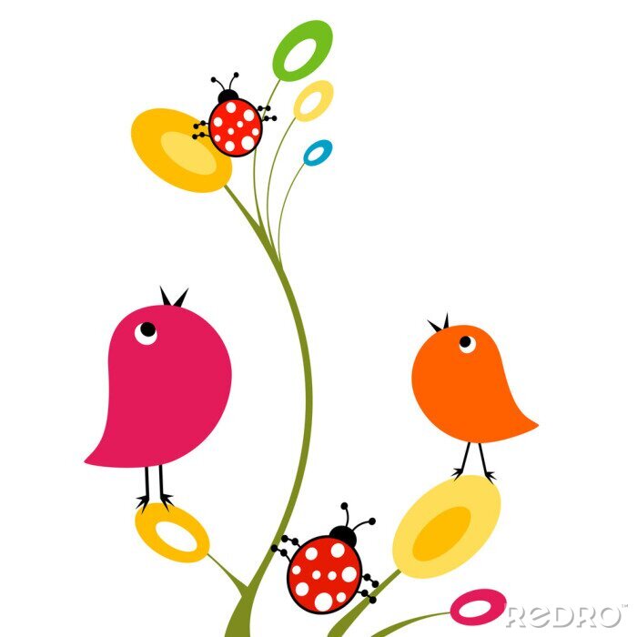Poster Vögel und Marienkäfer auf einem Blatt