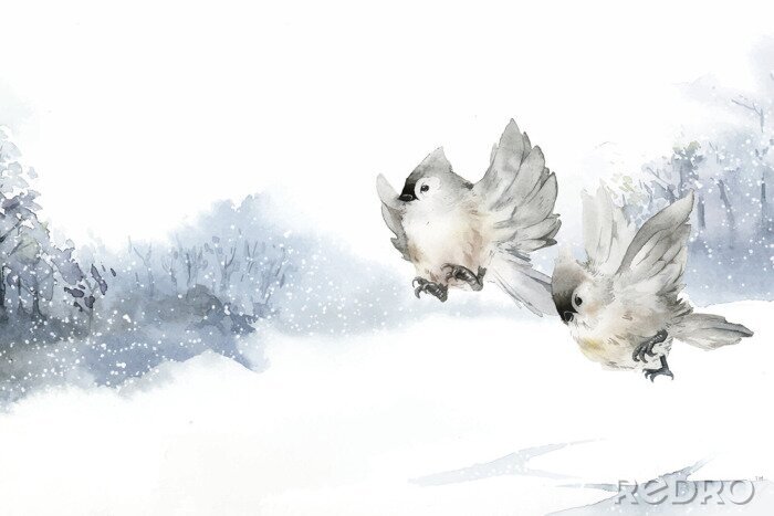 Poster Vogel in Aquarell im Winter