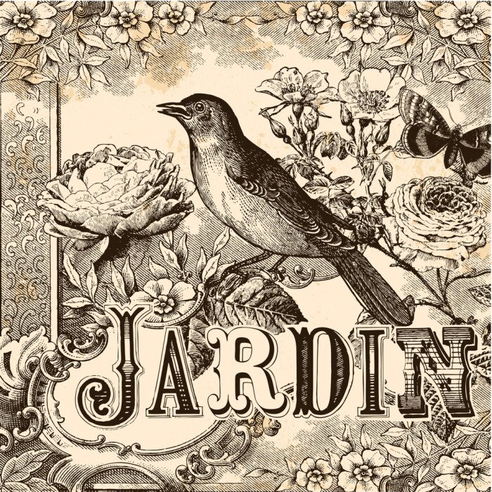 Poster Vogel und Blumen auf Vintage-Illustration