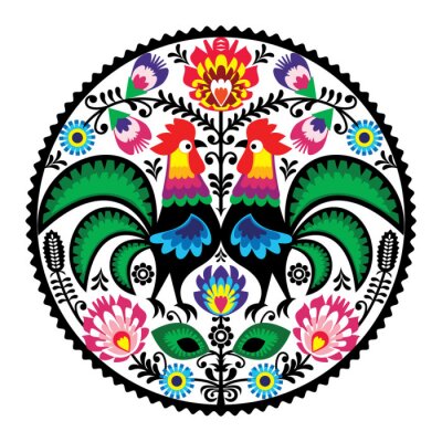 Poster Volksmuster mit Blumen und Hähnen im Łowicz-Stil