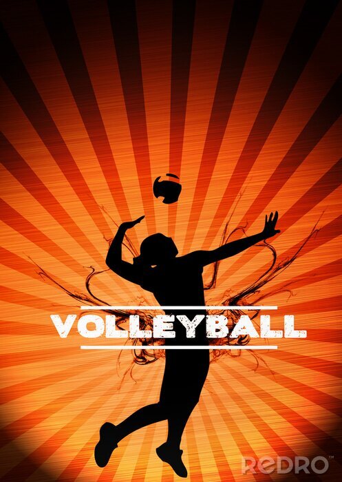Poster Volleyball Beschriftung und ein aufschlagender Volleyballspieler im Hintergrund