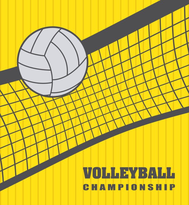 Poster Volleyball Beschriftung und ein weißer Ball reibt gegen das Netz