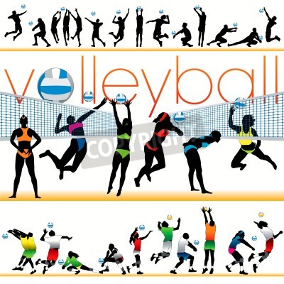 Poster Volleyball-Beschriftung und Spieler in verschiedenen Posen
