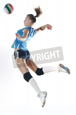 Poster Volleyball Spielerin, die zum Aufschlag hochspringt