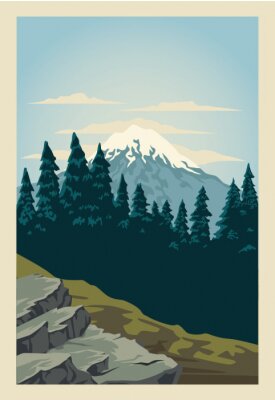 Poster Wald Nadelbäume vor dem Hintergrund des Berges