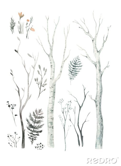 Poster Waldbäume Zeichnung der Äste und Blätter