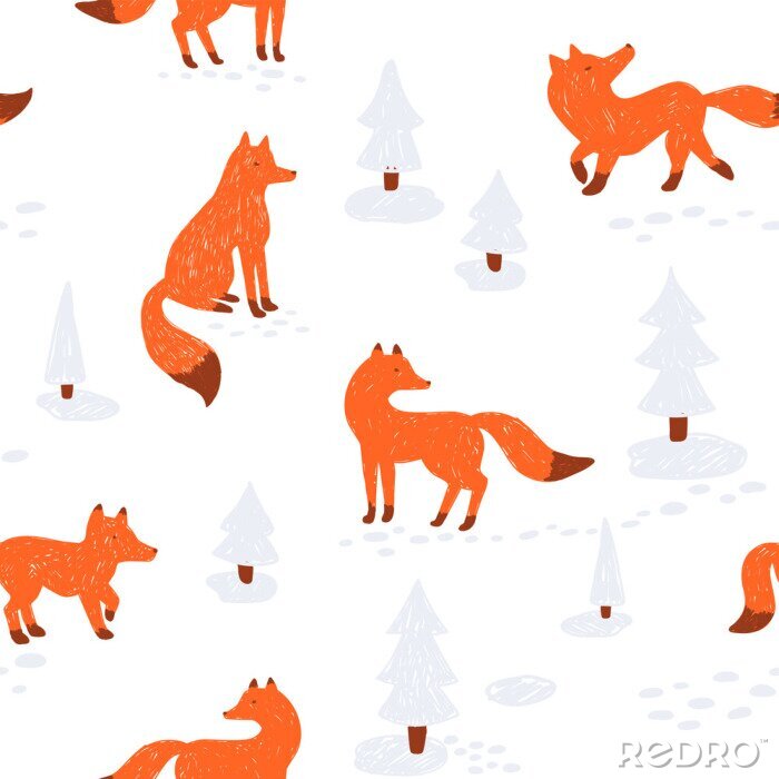 Poster Waldfüchse und verschneite Tannenbäume