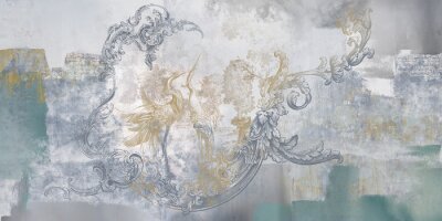 Wall mural, wallpaper, in the style of classic, baroque, modern, rococo. Wall mural with birds and concrete grunge background. Light, delicate photo wallpaper design.