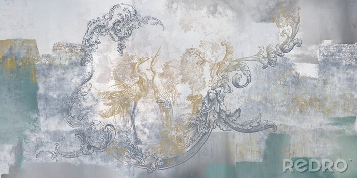 Poster Wall mural, wallpaper, in the style of classic, baroque, modern, rococo. Wall mural with birds and concrete grunge background. Light, delicate photo wallpaper design.
