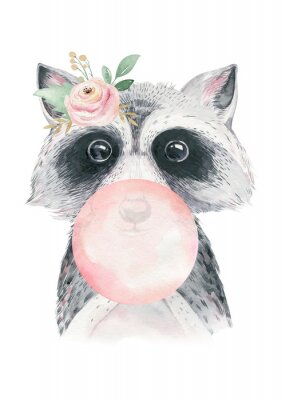 Poster Waschbär mit einem rosa Ballon