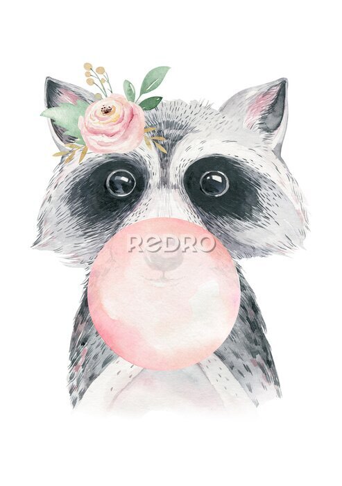 Poster Waschbär mit einem rosa Ballon