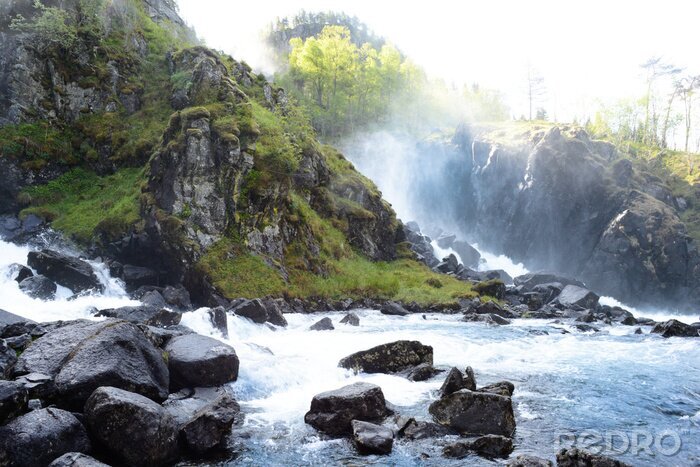 Poster Wasserfall 3D Nebel und Grün
