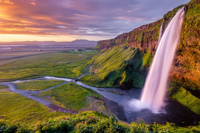 Poster Wasserfall Natur bei Sonnenuntergang