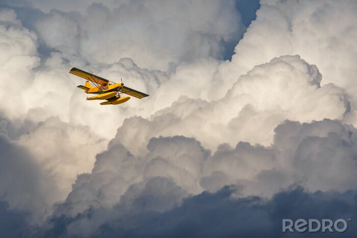 Poster Wasserflugzeug fliegt in den bewölkten Himmel