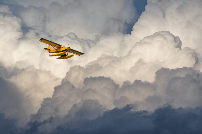 Poster Wasserflugzeug fliegt in den bewölkten Himmel