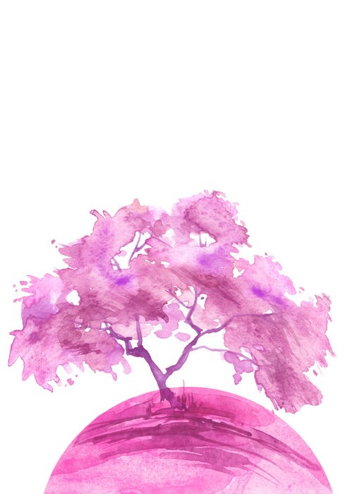 Poster Watercolor abstract round spot, blot on white isolated background. purple, pink trees on the planet Earth. purple, pink colors. Ecological abstract art illustration. Blooming pink tree. Sakura, oak, 