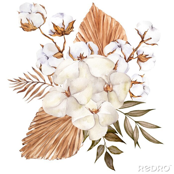 Poster Watercolor bouquets in boho style with pampas grass, flowers, feathers and palm leaves, hand draw floral element, isolated on white background