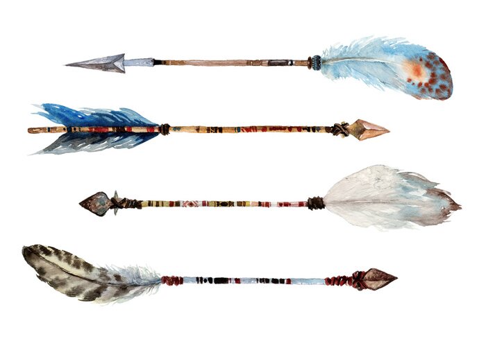 Poster Watercolor ethnic boho set of arrows, native american tribe decoration print element, tribal navajo isolated illustration bohemian ornament, Indian, Peru, Aztec wrapping.