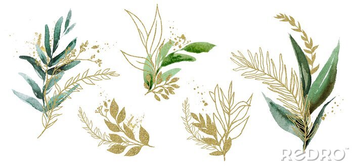 Poster Watercolor floral illustration set - green & gold leaf branches, for wedding stationary, greetings, wallpapers, fashion, background. Eucalyptus, olive, green leaves, etc.